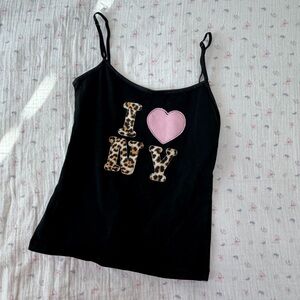 Black Tank Top with Pink Heart and Leopard 'I ♥ NY' Appliqué